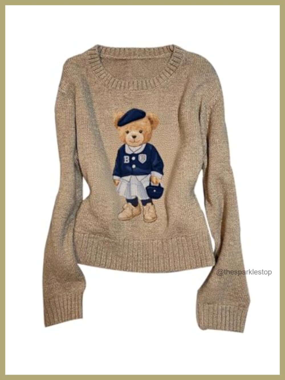 Bear Print Knit Pullover Sweater Crew Neck Long Sleeve Fall Women's